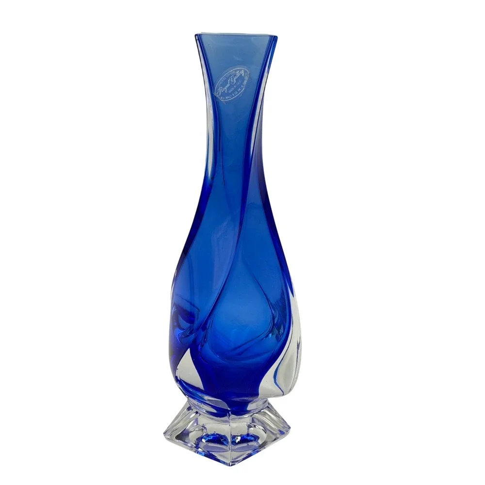 Vtg Royal Gallery Cobalt Blue Lead Crystal Twisted Bud Vase Italy Macy Co 9 in
